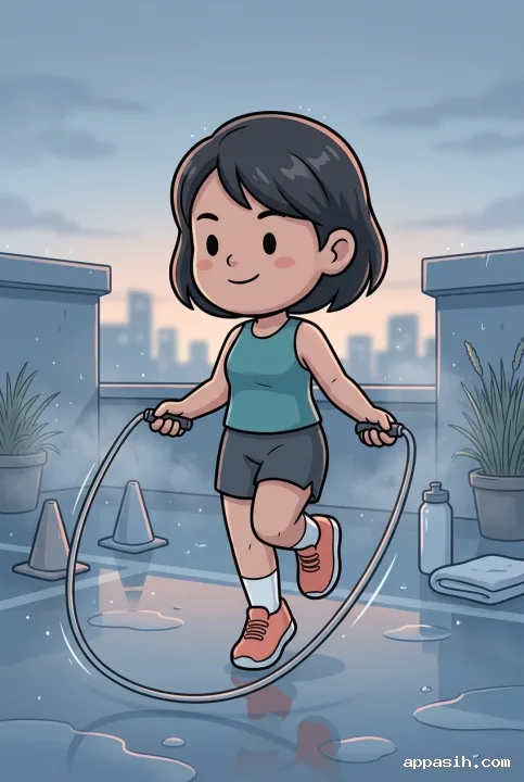 Chibi jump-rope athlete performing a crossover move on the same wet rooftop fitness court at dawn with cones, a water bottle, and a folded towel nearby.