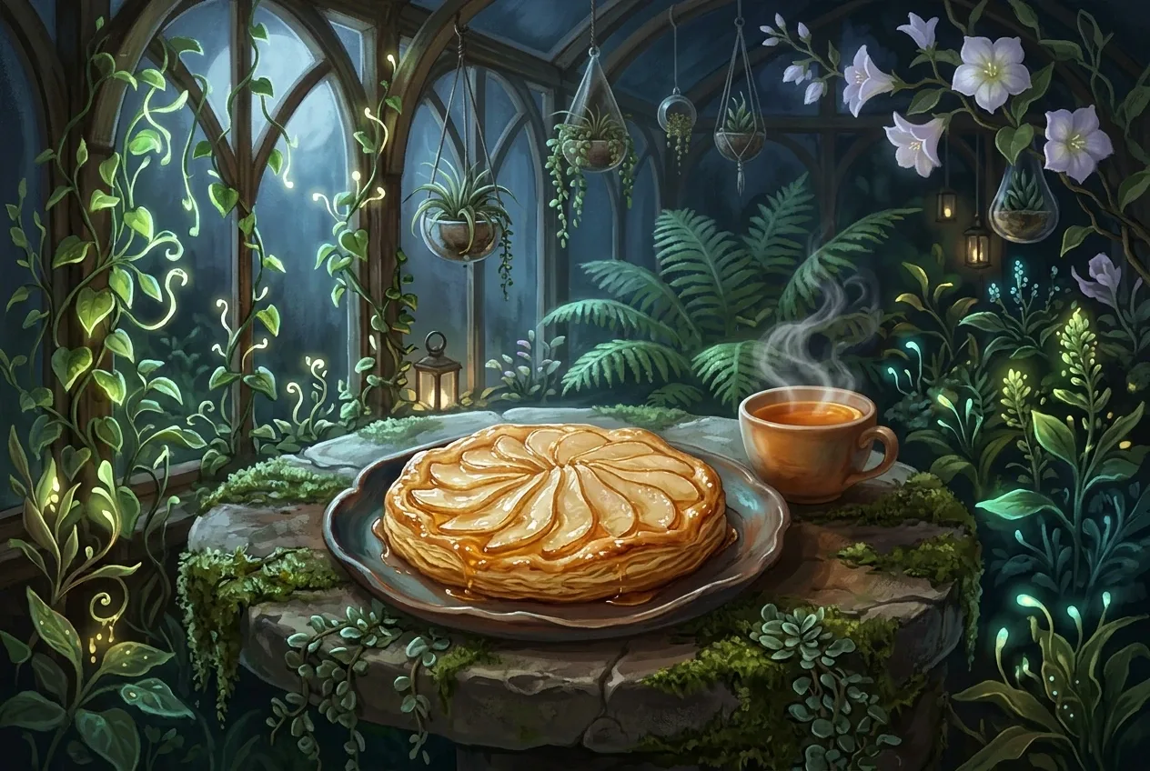 Honey-glazed pear tart and steaming herbal tea on a stone table inside a moonlit enchanted greenhouse with glowing herbs and lush fantasy plants.