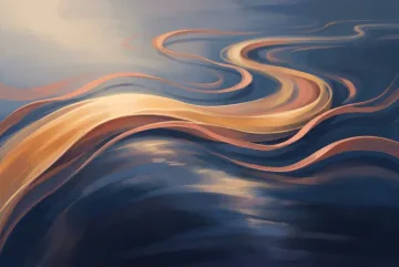 Abstract digital painting of luminous amber and coral tidal ribbons flowing above a deep cobalt basin with layered reflections.
