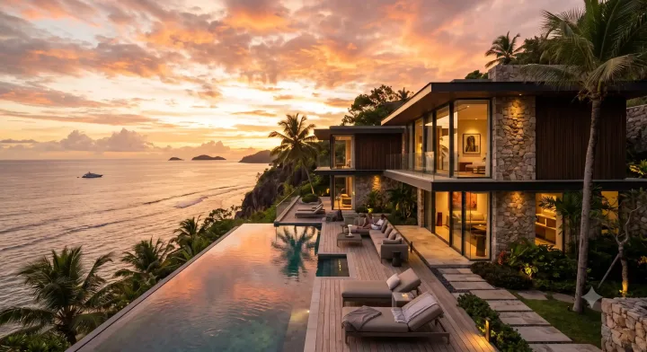 Premium cinematic architectural image of a luxury modern villa with infinity pool and ocean sunset view