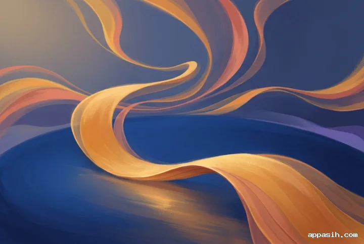 Abstract digital painting of luminous amber and coral tidal ribbons sweeping above a cobalt basin from a closer three-quarter viewpoint.