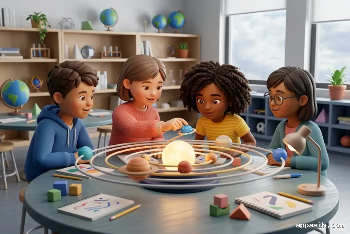 Closer stylized 3D view of students collaboratively rotating a colorful solar system model on a classroom table during a hands-on science lesson.