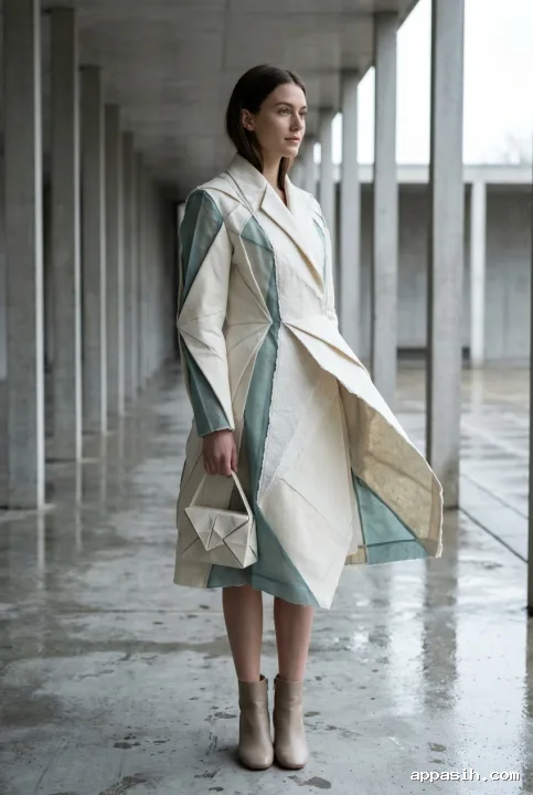 Fashion model turning slightly in a rainy concrete arcade while wearing an ivory and muted teal origami-style coat made from folded textile, handmade paper, and translucent vellum.