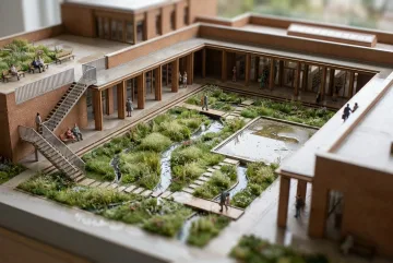 3D tilt-shift miniature of a brick courtyard library surrounding a planted rain garden with water channels, terraces, footbridges, and tiny visitors.
