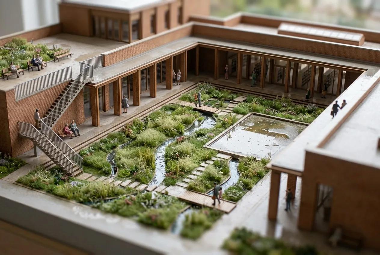 3D tilt-shift miniature of a brick courtyard library surrounding a planted rain garden with water channels, terraces, footbridges, and tiny visitors.