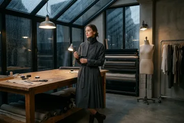Fashion model in a sculptural charcoal trench coat standing beside a cutting table in a rainlit glass-roof tailoring atelier.