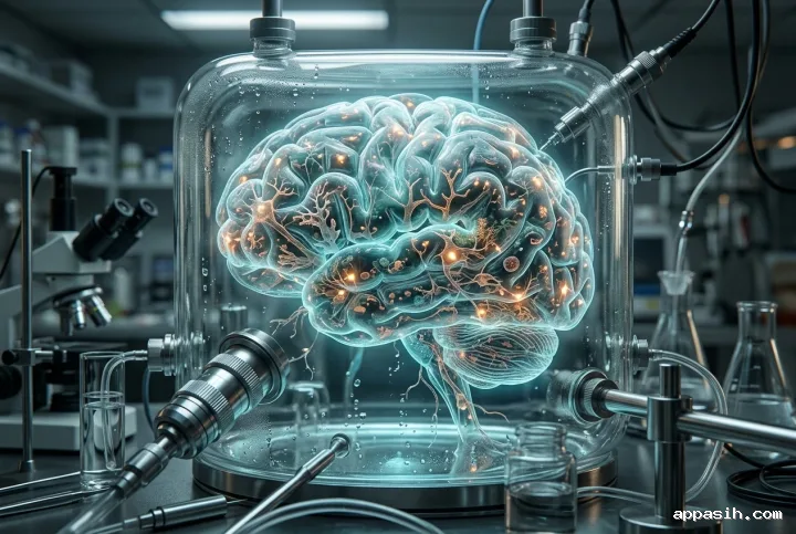 Closer three-quarter view of a transparent human brain filled with glowing garden-like neurons and synapses inside a surreal medical research laboratory.