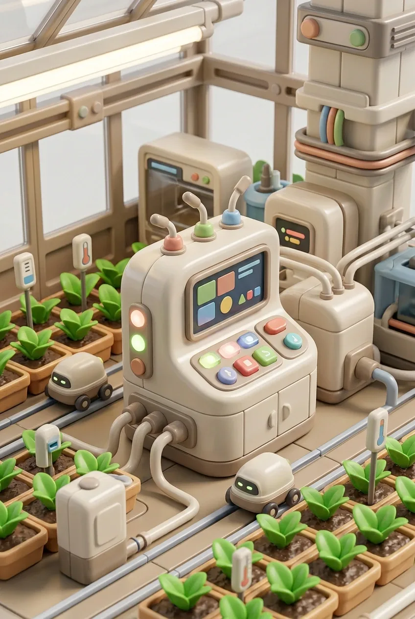 Miniature smart greenhouse control hub with robotic plant-care units and sensor modules rendered as a colorful 3D Plastic Toy Style diorama.