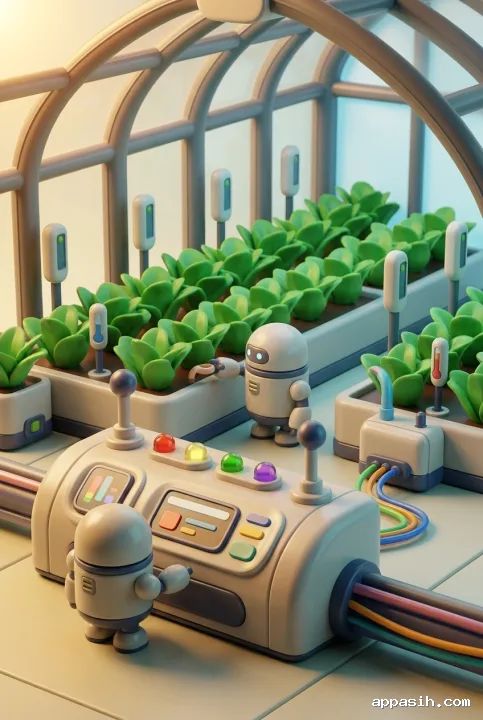 Close three-quarter view of a miniature smart greenhouse control hub with two robotic plant-care units, irrigation modules, and sensors in detailed 3D Plastic Toy Style.