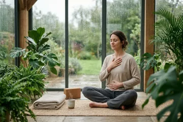 Woman practicing mindful diaphragmatic breathing on a yoga mat in a cinematic glass garden room during a rainy morning.