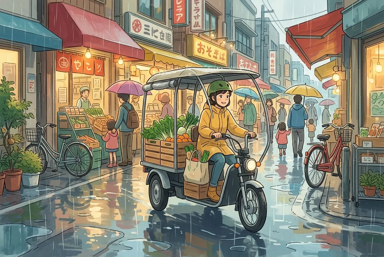Anime-inspired cartoon of an electric cargo tricycle carrying fresh produce through a rainy neighborhood market street with puddles, bicycles, umbrellas, and warm shop lights.
