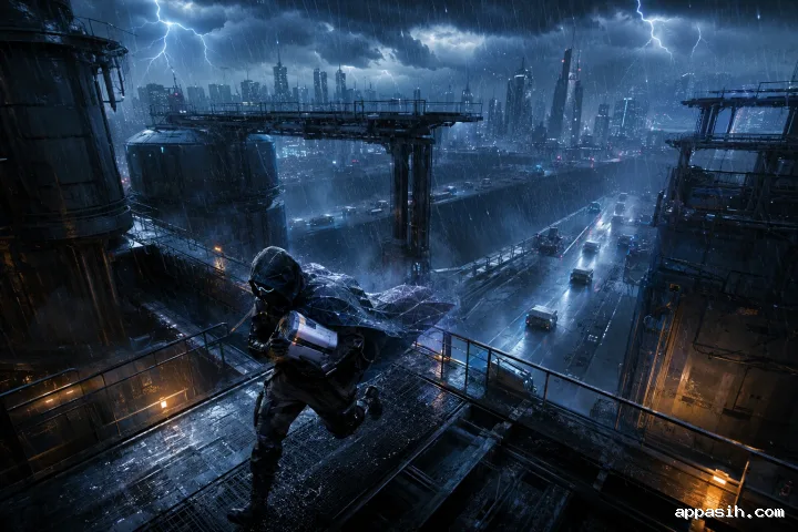 Signal Veil courier sprinting across an elevated city maintenance bridge during a violent midnight rainstorm while carrying a sealed medical capsule.