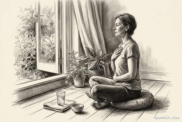 Detailed charcoal drawing of an adult slowly exhaling during morning breathwork beside the same open garden window, surrounded by plants, a water glass, towel, and floor cushion.