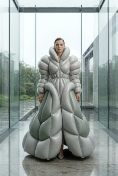 Fashion model wearing a pearl-gray and sage inflatable 3D puffer gown inside a rainlit glass atrium.