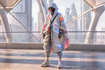 Anonymous futuristic city courier wearing a sculptural privacy-reactive smart-textile coat inside a bright metropolitan transit atrium.