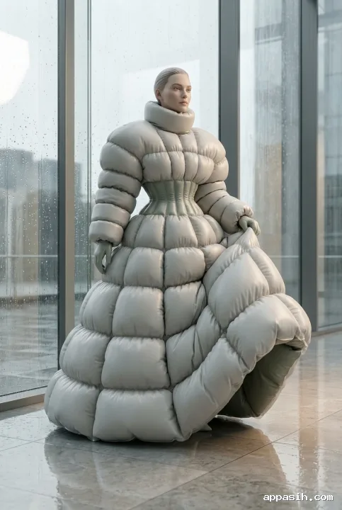 Fashion model gently lifting the sculptural skirt of a pearl-gray and sage inflatable 3D puffer gown in a rainy glass atrium.