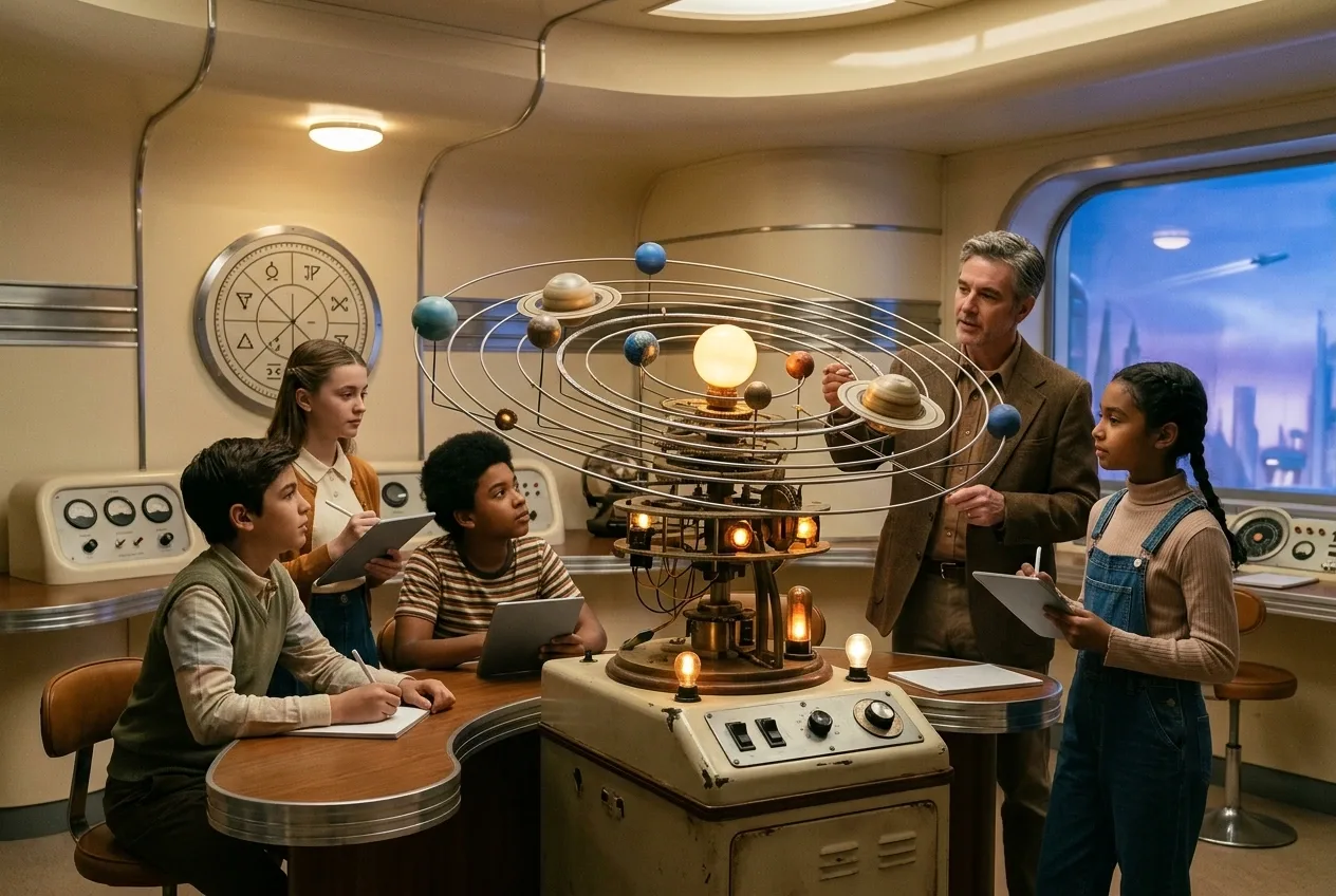 Students and a teacher examining a mechanical solar system model in a retro-futurist science classroom with analog learning consoles and curved desks.