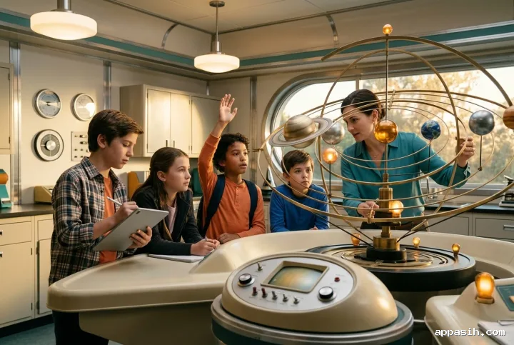 Four students and a teacher gathered closely around a glowing mechanical solar system model in a retro-futurist classroom with curved analog consoles and warm afternoon light.