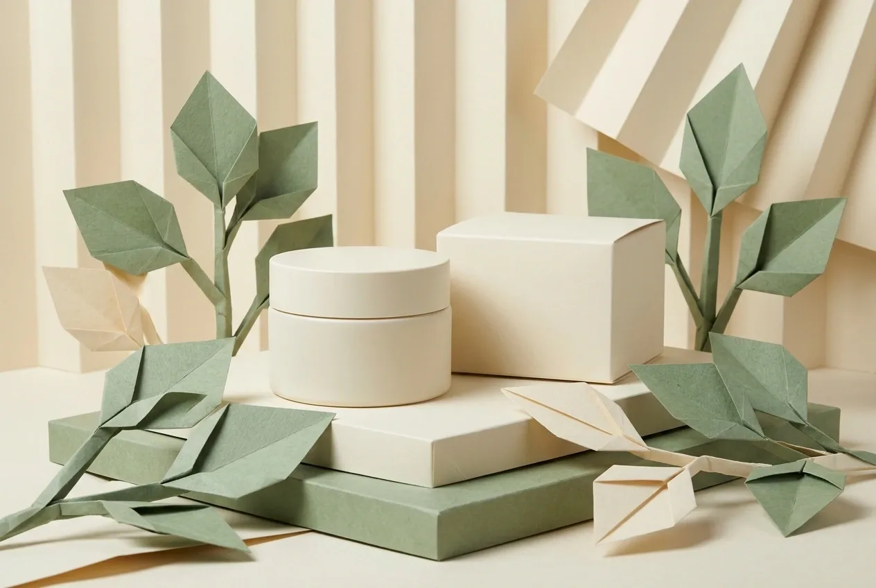 Blank ivory skincare cream jar and matching carton on folded paper plinths surrounded by sage origami botanical leaves in a mixed-media landscape product mockup.
