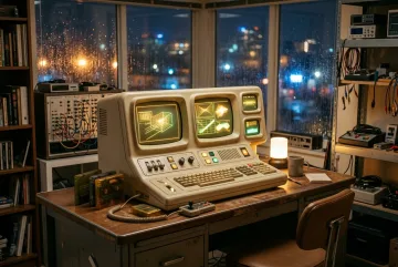 Retro-futuristic home computing console with curved amber-green displays and analog controls inside a rainy night technology studio.
