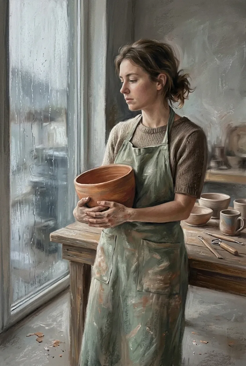 Pastel painting of a ceramic artist holding an unfinished terracotta vessel beside a rain-streaked pottery studio window.
