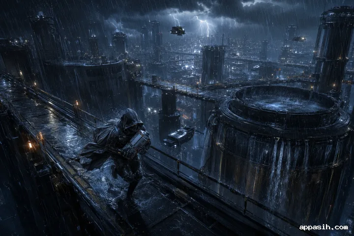 Signal Veil courier sprinting across an elevated industrial bridge with a sealed medical capsule during a violent midnight rainstorm.