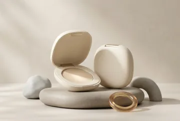 3D render of an open refillable solid perfume compact with an ivory pebble-shaped case and removable pan on a sculpted ceramic podium.