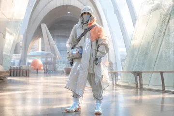 Full-body near-future medical courier wearing a sculptural adaptive coat and carrying a sealed delivery capsule inside a bright metropolitan transit atrium.