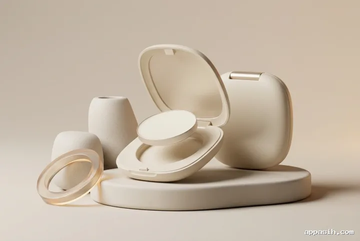 Detailed 3D render of a refillable solid perfume compact with its circular pan slightly lifted above an ivory pebble-shaped case on a ceramic podium.