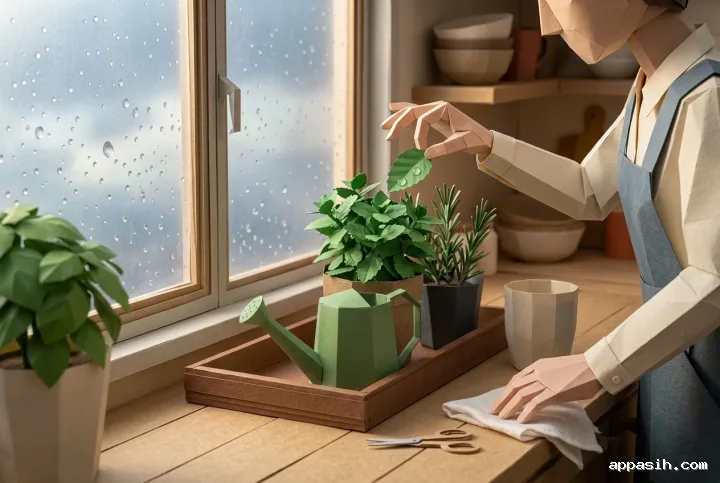 Adult inspecting a mint leaf among kitchen herbs by a rainy window in detailed Mixed Media Origami Style.
