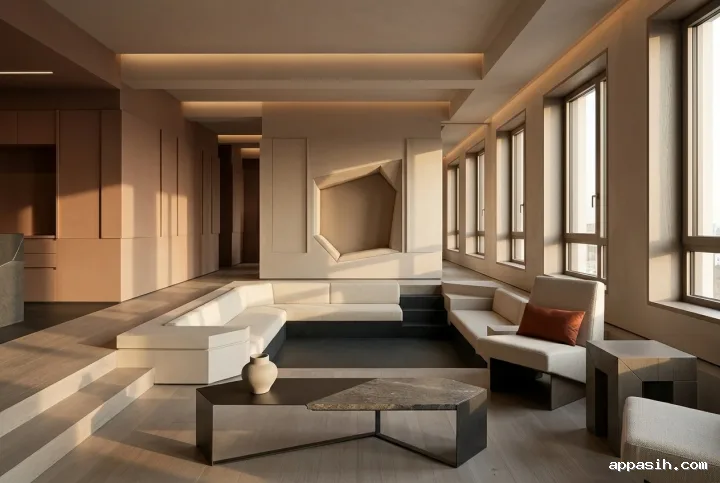 Low three-quarter view of a graphic geometric sunken lounge with sculptural reading nook, angular built-in seating, terracotta accents, and long architectural shadows.