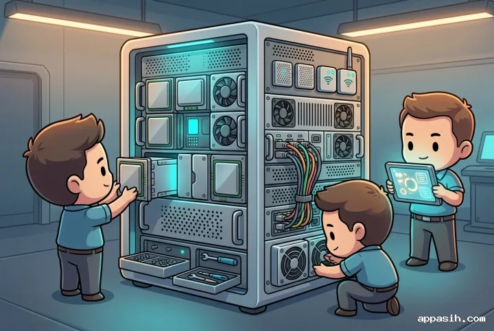 Three chibi technicians servicing a modular edge computing station with processor modules, cooling hardware, wireless sensors, tools, and cyan status lights.