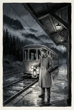 Line art drawing of a lone tram conductor beside an empty tram at a rain-soaked mountain terminus at night, with wet rails, misty pine trees, and reflected station lights.