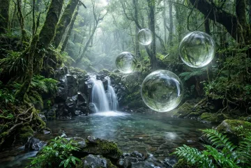 Surreal cloud forest waterfall with mossy trees, mist, ferns, and giant translucent dew spheres floating above a clear forest stream.