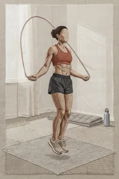Jump rope athlete exercising in a minimalist training studio rendered as layered embroidered textile art with stitched rope motion.