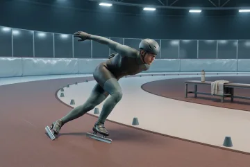 3D render of a speed skater leaning into a curved indoor sprint track during athletic training with cones and arena lighting.