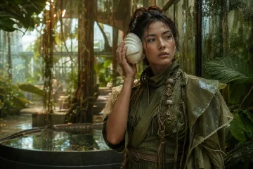 Anonymous bioacoustic researcher holding a ceramic listening instrument inside a misty urban rainforest observatory.