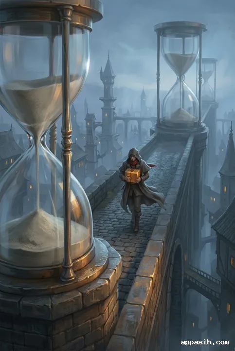 Closer fantasy concept art view of a deadline courier holding a glowing parcel while crossing an hourglass bridge above a misty city.