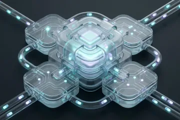 Translucent 3D edge computing hub routing glowing data capsules through layered glass processing chambers.