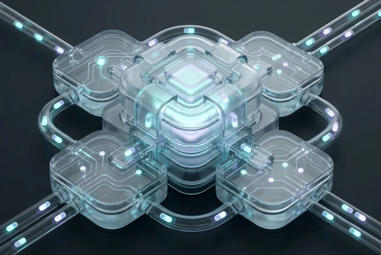 Translucent 3D edge computing hub routing glowing data capsules through layered glass processing chambers.