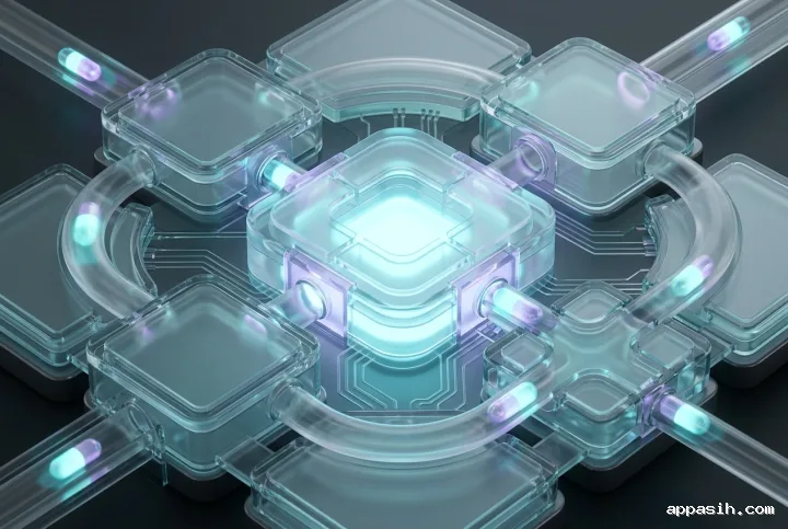 Close three-quarter view of a translucent 3D edge computing hub as glowing data capsules move through glass channels into the central processing core.