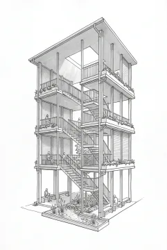 Line art drawing of a vertical neighborhood library pavilion surrounding a rain garden courtyard with stacked reading terraces, planted balconies, stairs, and rainwater channels.