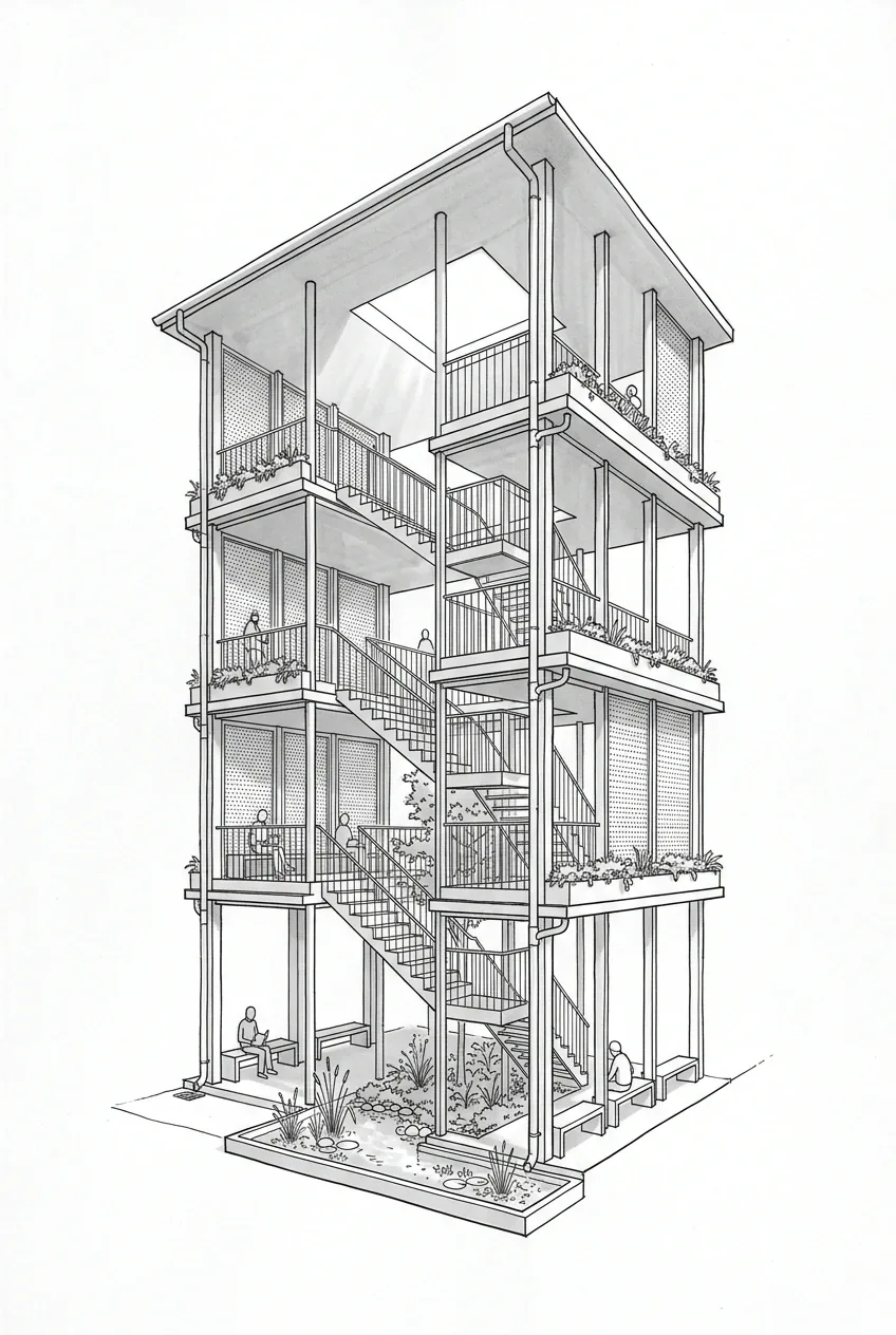 Line art drawing of a vertical neighborhood library pavilion surrounding a rain garden courtyard with stacked reading terraces, planted balconies, stairs, and rainwater channels.