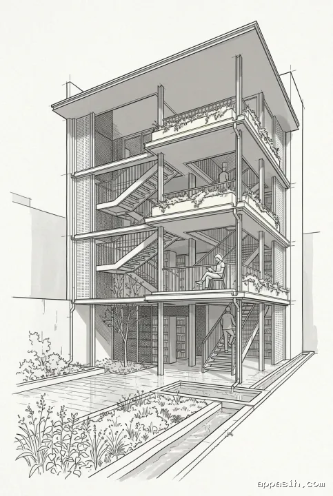 Detailed line art view from courtyard level of the vertical library pavilion, showing rainwater channels, planted terraces, slender stairs, reading areas, and the central rain garden.
