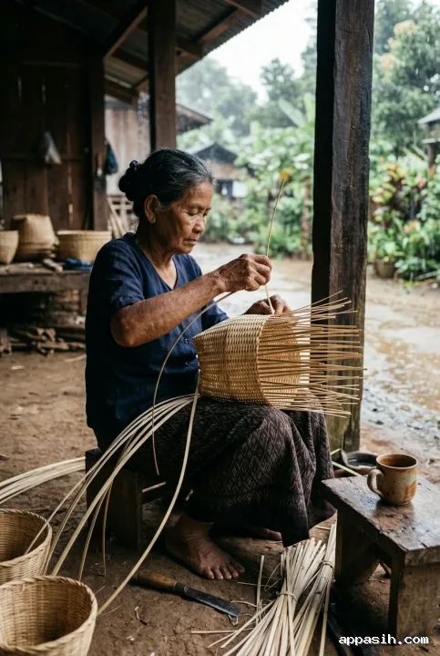 Close three-quarter view of a traditional bamboo basket weaver threading bamboo strips by hand in a rainy wooden village workshop.