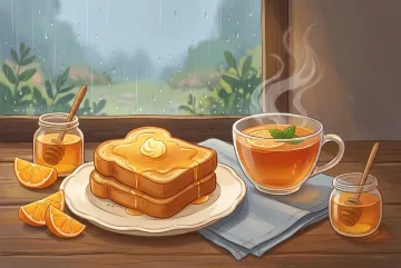 Storybook illustration of golden honey toast and steaming citrus tea with orange slices beside a rain-speckled kitchen window.