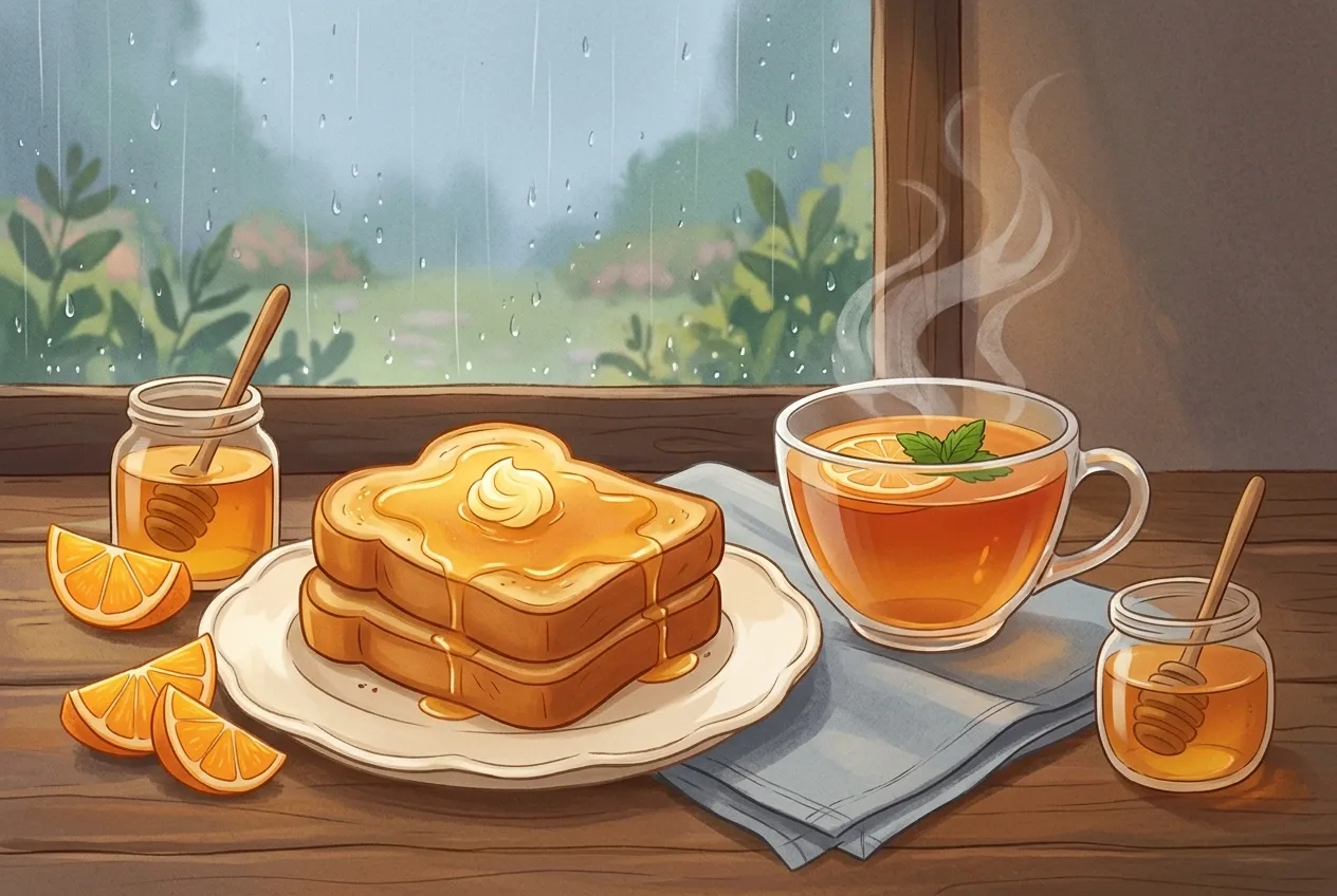 Storybook illustration of golden honey toast and steaming citrus tea with orange slices beside a rain-speckled kitchen window.