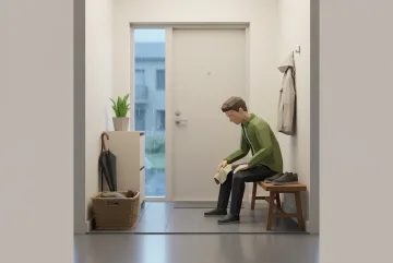 Low Poly 3D scene of a young adult drying wet shoes on a bench in a cozy apartment entryway during a rainy morning.