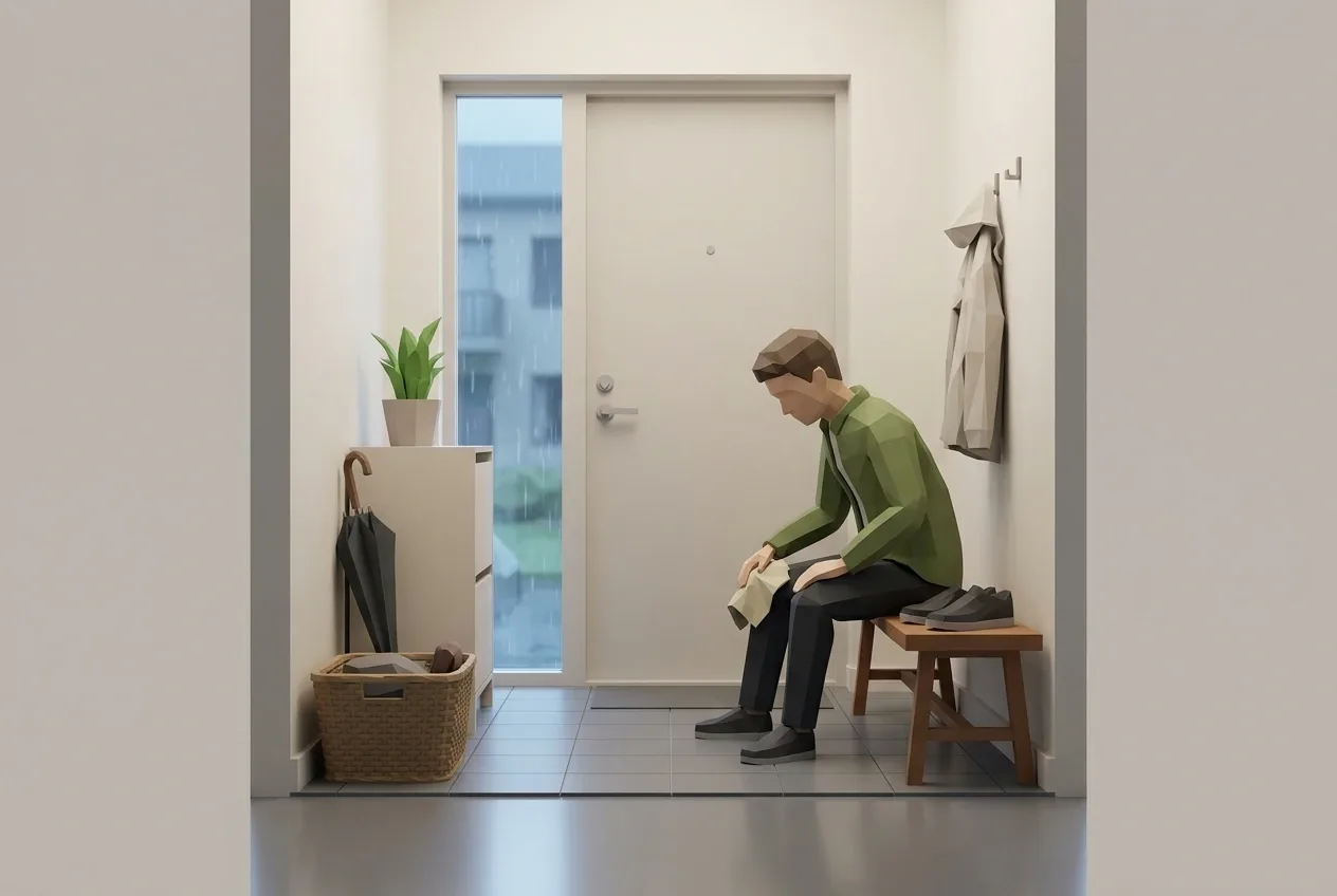 Low Poly 3D scene of a young adult drying wet shoes on a bench in a cozy apartment entryway during a rainy morning.