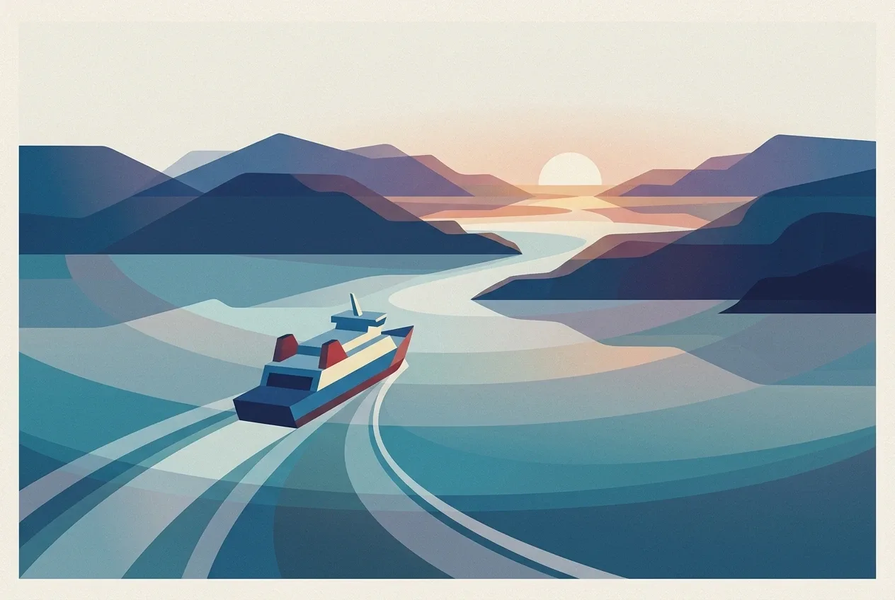 Abstract graphic of a small island ferry crossing calm water between geometric archipelago islands at dawn.